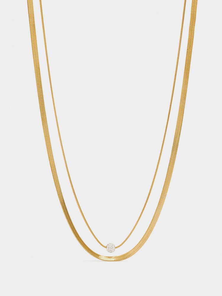 Collar Doble Con Cadena De Serpiente Con Cristal - Acero Inoxidable dorado