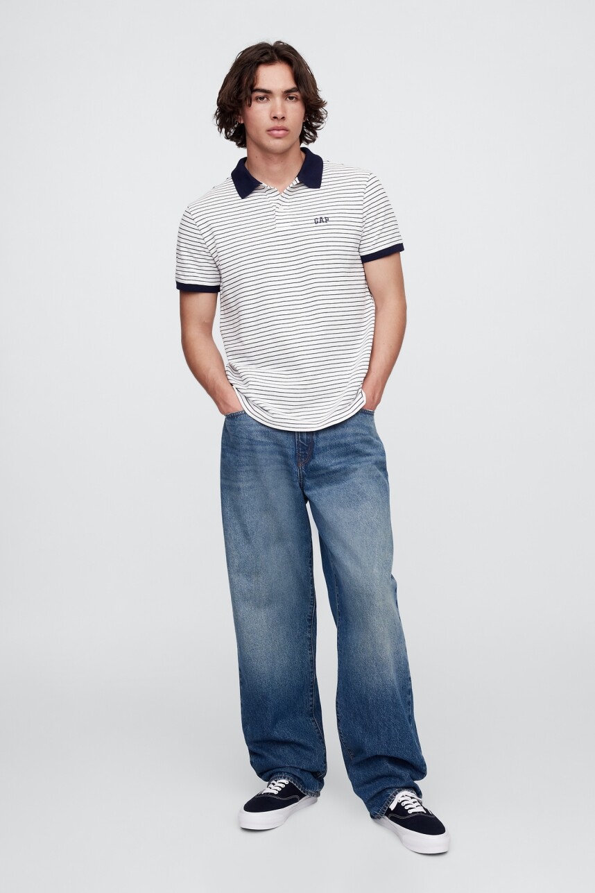 Remera Polo Hombre White Navy Stripe