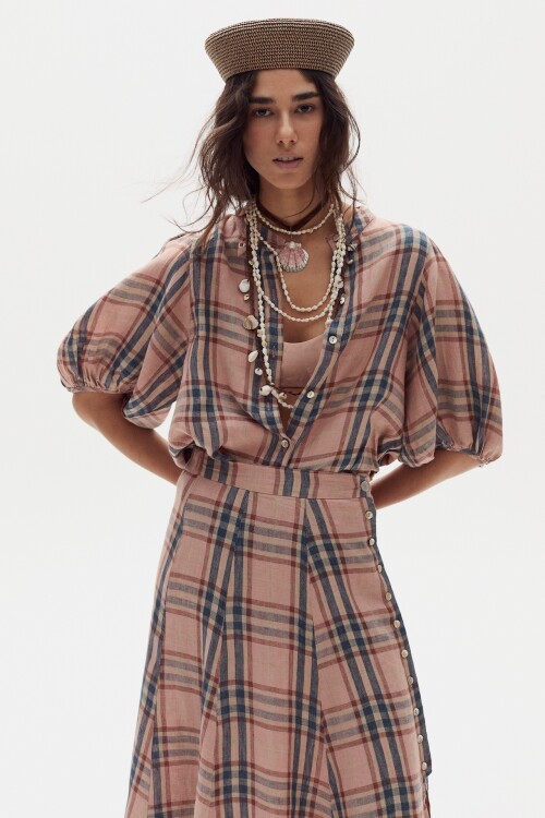 Camisa Bubble en Lino Tea Rose Checks