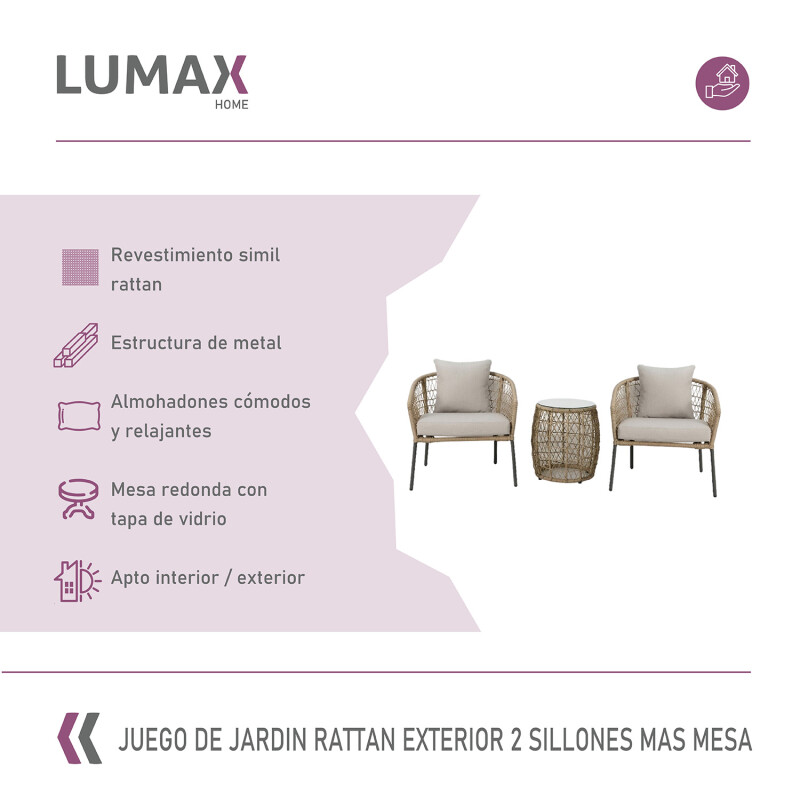 Juego De Jardin Rattan Lumax Exterior 2 Sillones + Mesa Beige