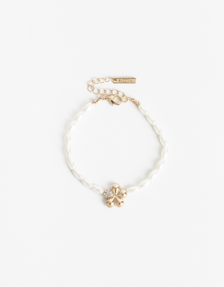 Pulseras Elásticas Perlas Pulsera Elástica Perlas Y Dije Flor - Dorado