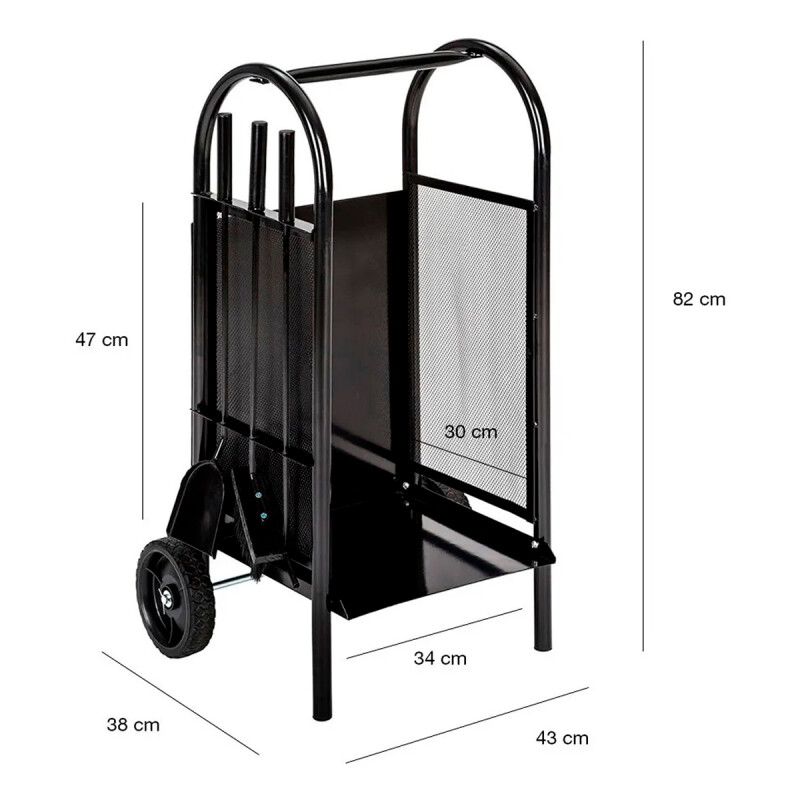 Carro para leña con ruedas y accesorios NEGRO