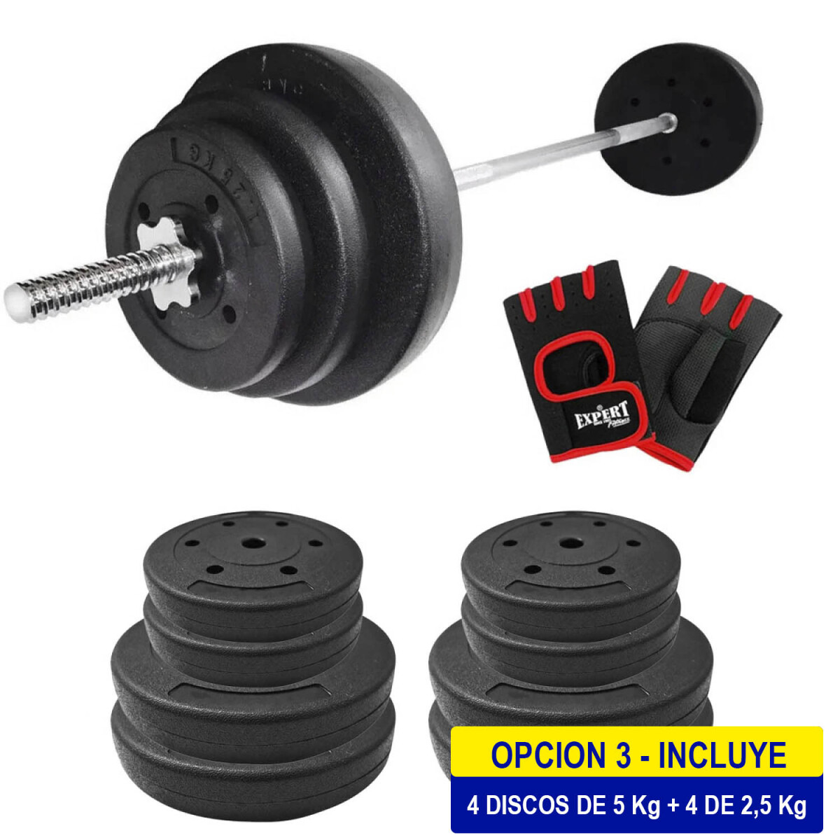Set Barra Maciza 1.50m +30kg Discos Pesas Gimnasio - 4x5KG + 4x2.5KG 