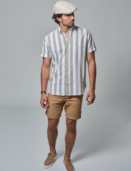 Camisa lino m/c rayada oliva