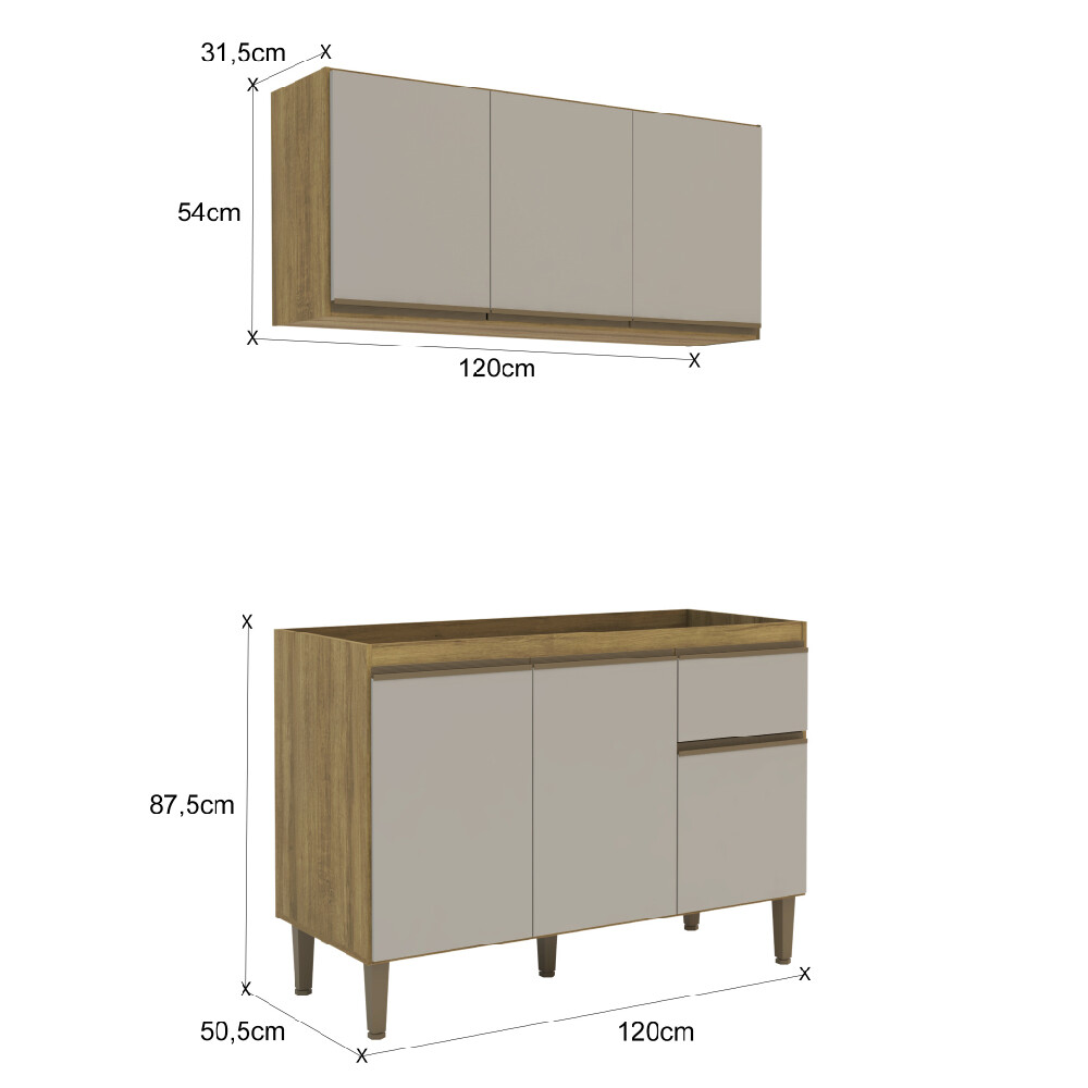 MUEBLE BAJO MESADA + AÉREO MODELO MARGARIDA COLOR MIEL/MARROC 1200 MM DE LARGO Mueble Bajo Mesada + Aéreo Modelo Margarida Color Miel/marroc 1200 Mm De Largo