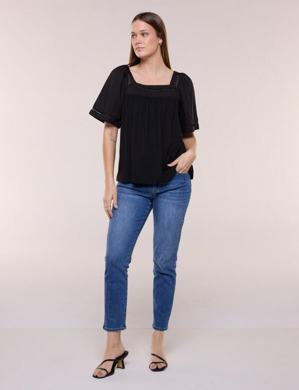 Blusa Holgada Escote Cuadrado Con Puntilla Calada NEGRO