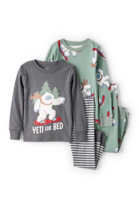 Pijama cuatro piezas de algodón, dos remeras manga larga y dos pantalones, diseño Yeti Sin color