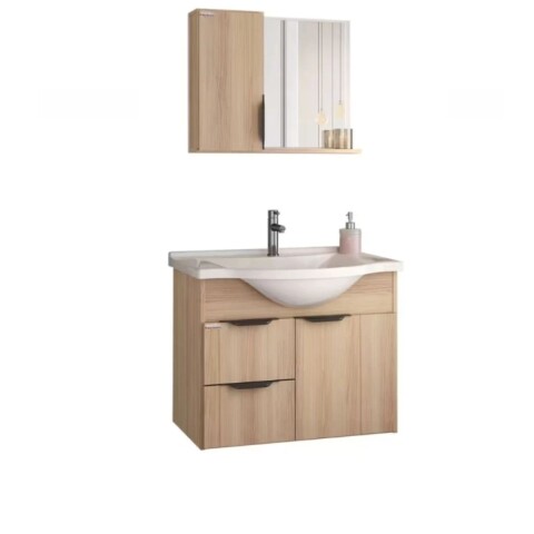 Mueble de baño suspendido Crystal Roble 56 cm Bacha de resina natural y espejo con botiquín Mueble De Baño Suspendido Crystal Roble 56 Cm Bacha De Resina Natural Y Espejo Con Botiquín