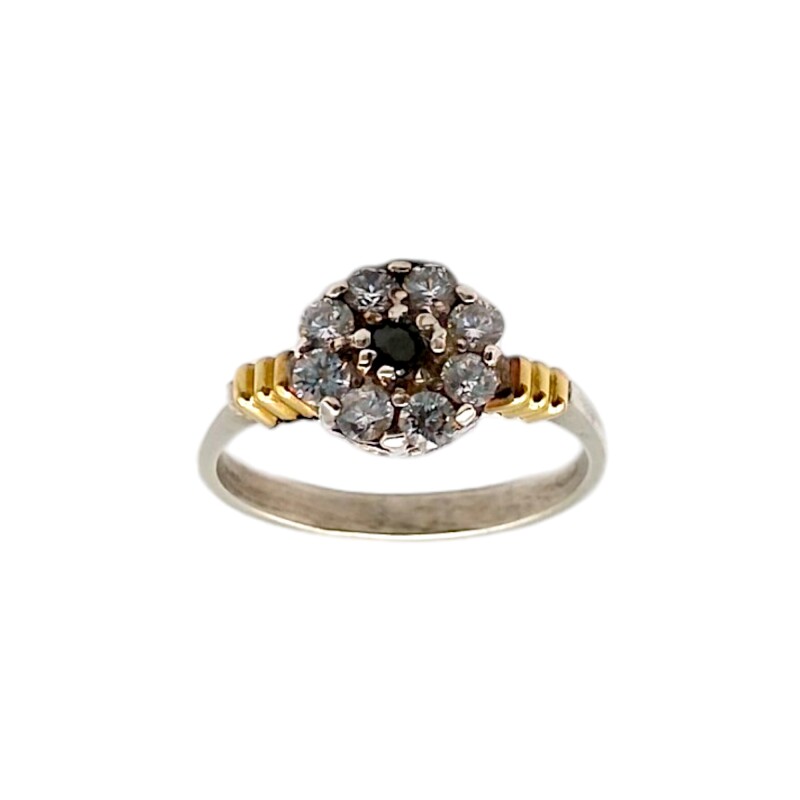 Anillo Flor-Plata y Oro-Piedra Onix y Zirconia-AN5177 conpiedra