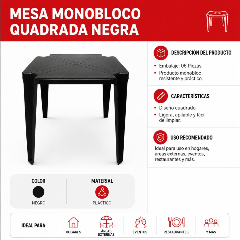 Mesa cuadrada 70 x 70 cm NEGRO