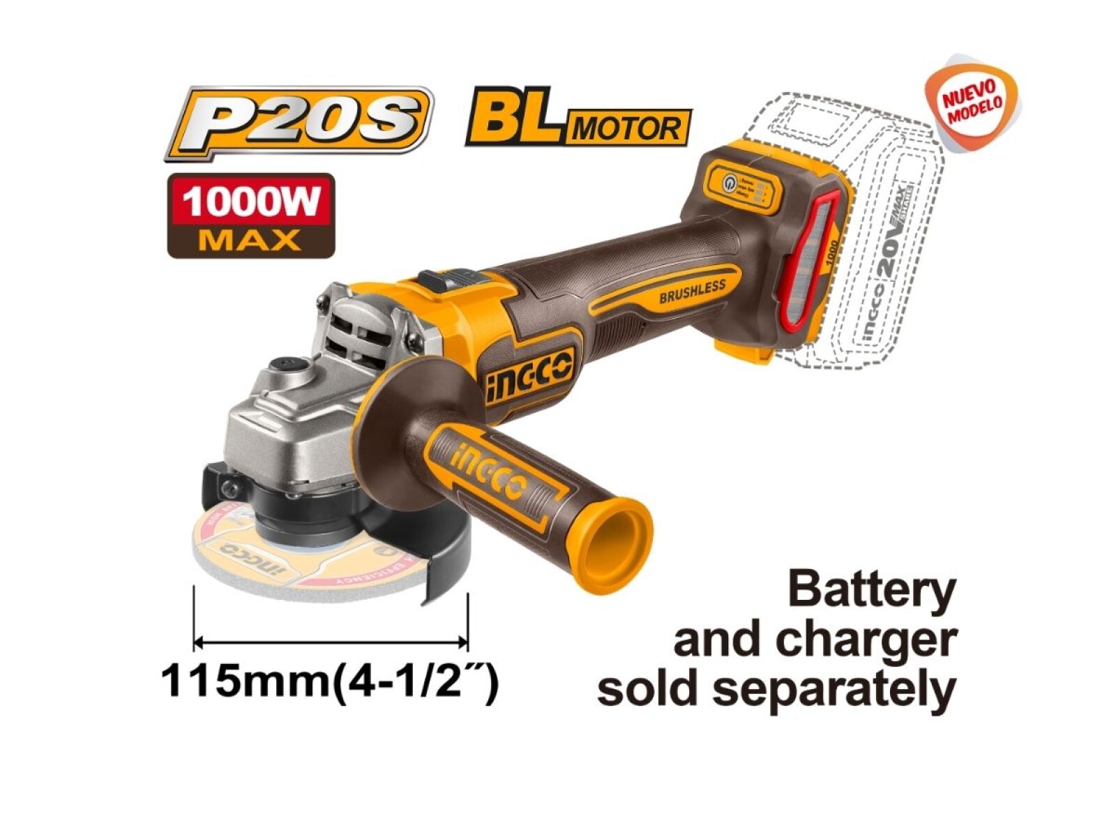 AMOLADORA ANGULAR A BATERIA 20V P20S BRUSHLESS MOTOR 4½ 115MM S/BAT, S/CARG 