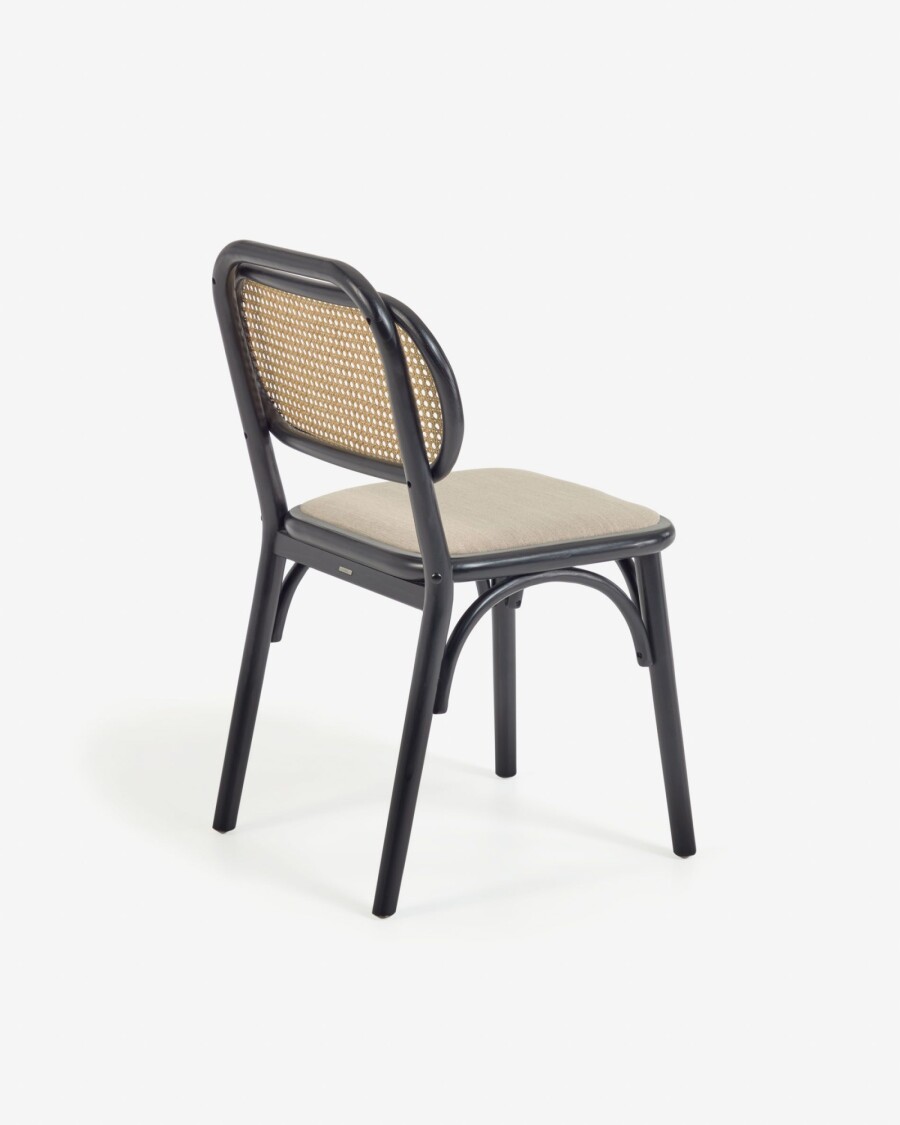 Silla Doriane de madera maciza de olmo acabado lacado negro y asiento de tela