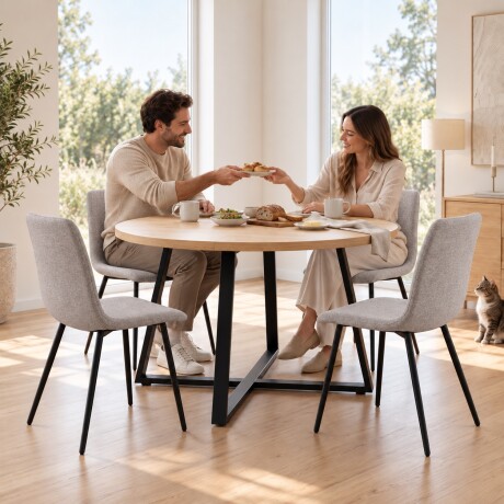 JUEGO DE COMEDOR MESA REDONDA EXTENSIBLE MADERA PATAS EN METAL + 4 SILLAS TAPIZADAS SILLAS BEIGE