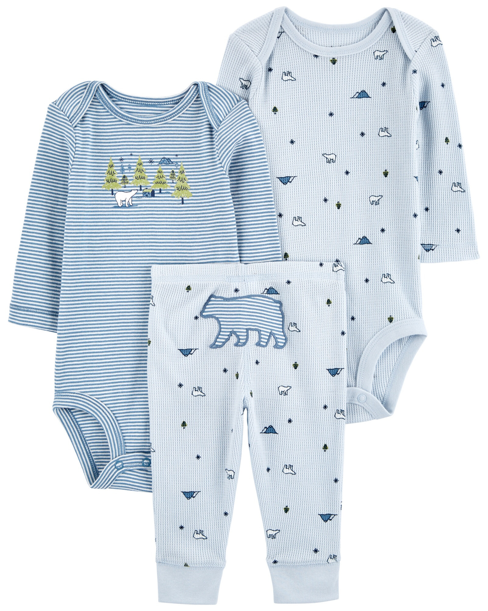 Set tres piezas de algodón, pantalón y bodies, diseño oso Set tres piezas de algodón, pantalón y bodies, diseño oso