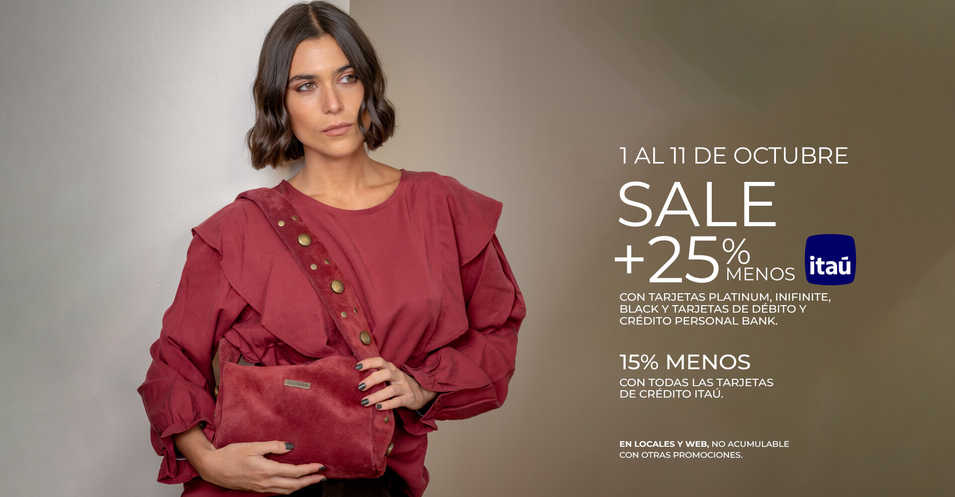 sale hasta 50% off más 15 o 25% Itaú