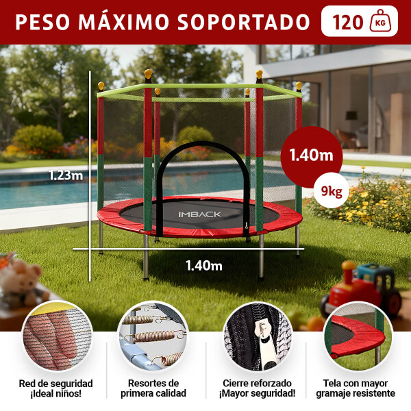 Cama Elastica de 1.40M Trampolin Saltarin con Red Proteccion y refuerzo seguridad IMBACK Color Rojo Cama Elastica de 1.40M Trampolin Saltarin con Red Proteccion y refuerzo seguridad IMBACK Color Rojo
