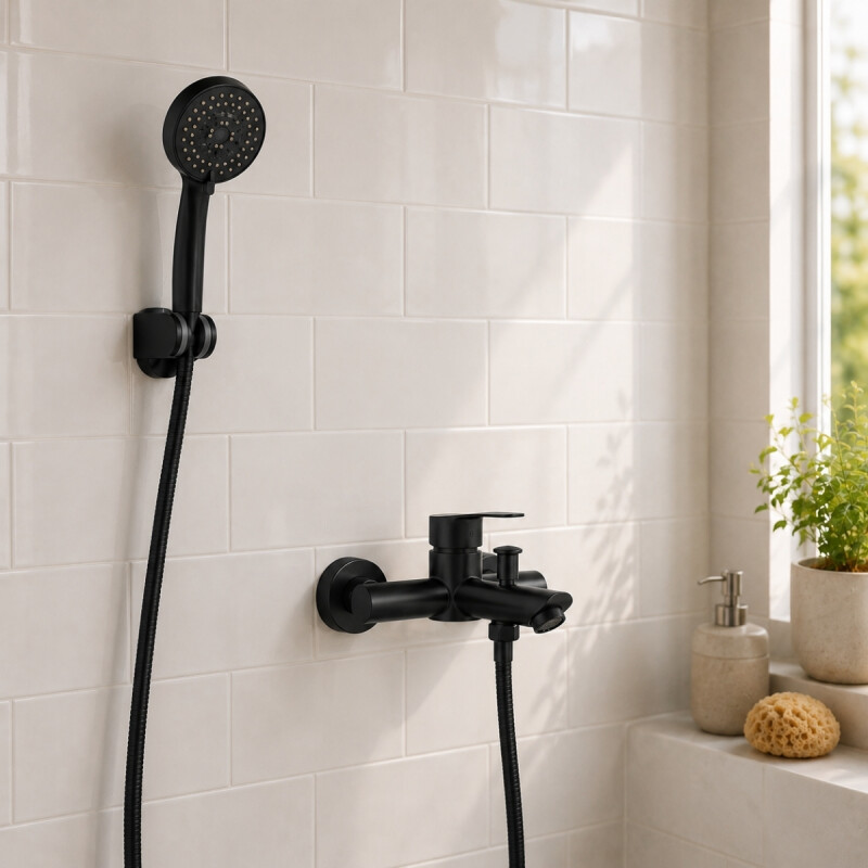 Grifería duchero teléfono + Soporte + Colilla baño NEGRO