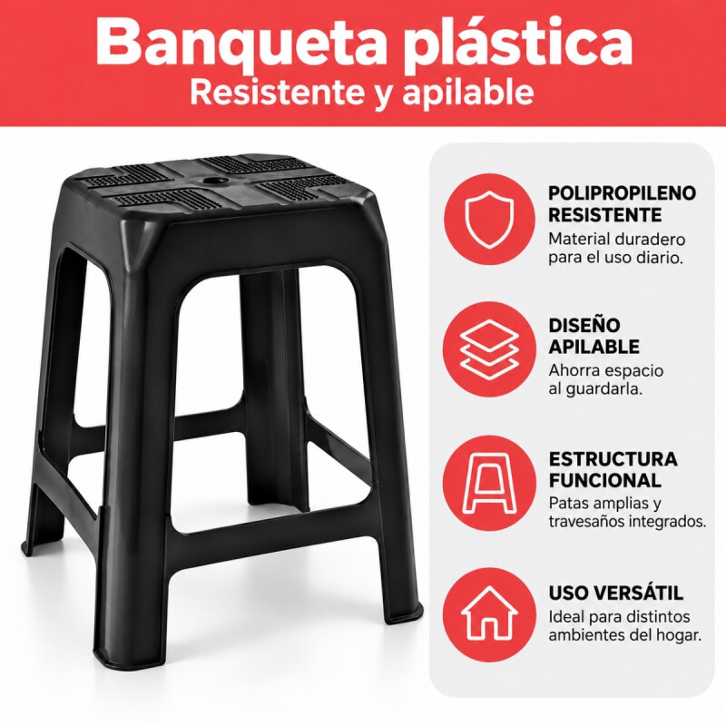 Set x2 Banqueta apilable de plástico resistente NEGRO