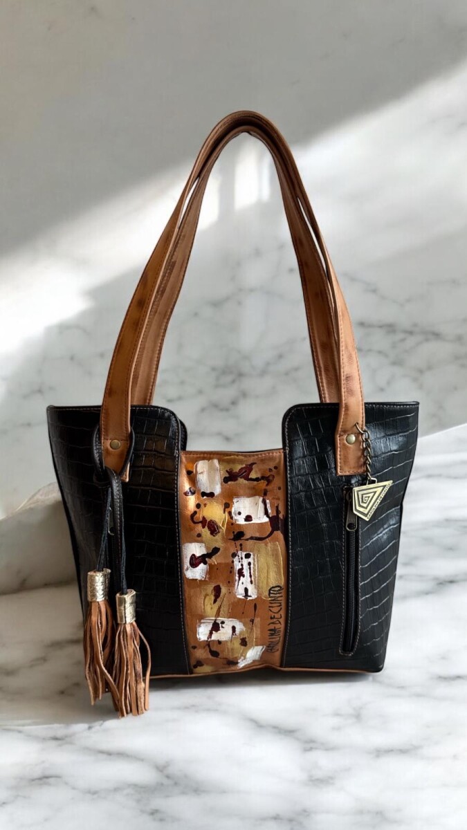 Cartera FILIPPA De Cuero Con Arte Pintada A Mano - Color Negro Y Terra 