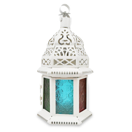 FAROL MARROQUI METAL BLANCO Y VIDRIO COLOR BASE HEXAGONAL 12X12X31CM 27297 FAROL MARROQUI METAL BLANCO Y VIDRIO COLOR BASE HEXAGONAL 12X12X31CM 27297