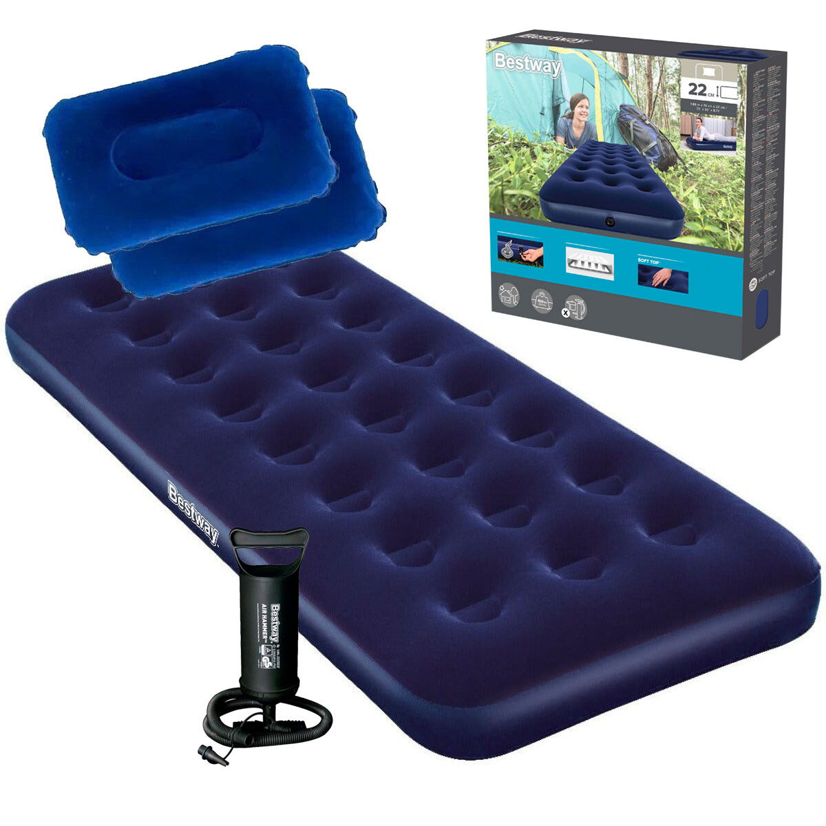 Colchón Inflable Bestway 1 Plaza Camping + Almohada - Azul 
