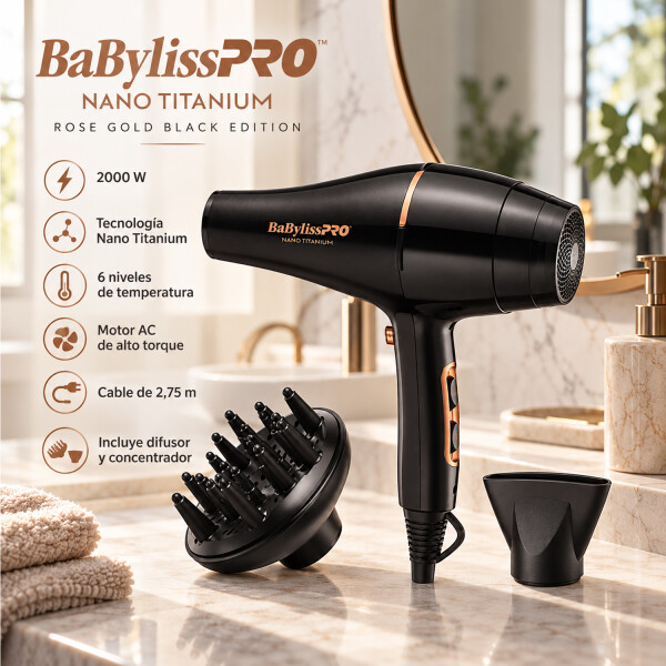 Secador De Pelo Profesional Babylisspro Nano Titanium B6176ar SECADOR DE PELO BABYLISS ROSE GOLD BLACK