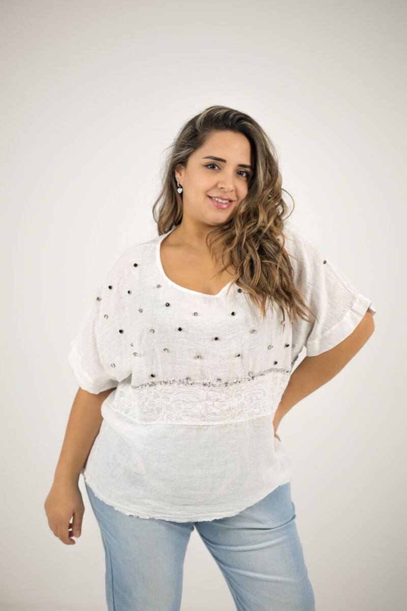 Blusa 100% lino Con strass bordado y lentejuelas - Blanca 