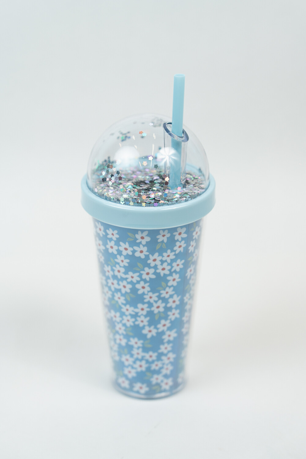 Vaso Con Tapa + Sorbito Glitter Azul