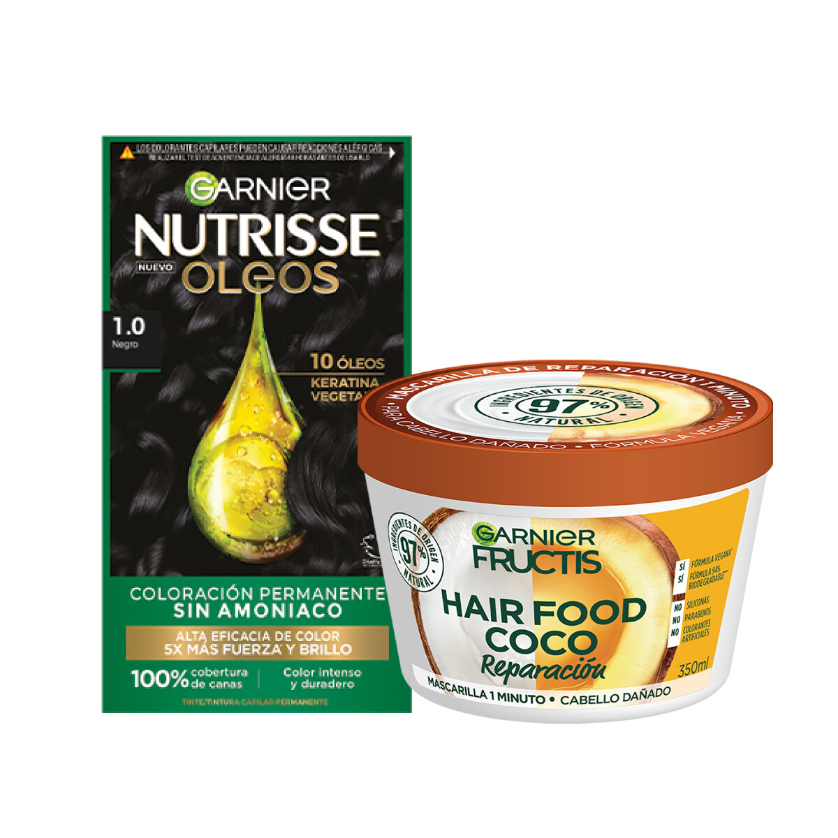 Pack Garnier - Mascarilla Fructis Hair Food Coco + Tinta Nutrisse Oleos Negro 1.0 