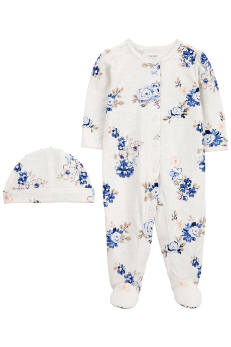 Pijama una pieza de algodón con pie y gorro, diseño floral Sin color