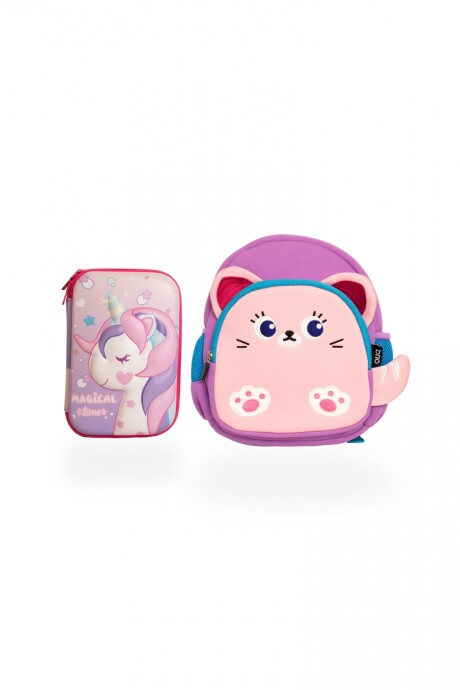 Set de mochila infantil de neopreno y cartuchera con divisiones brio set-magicpony-gatito