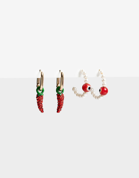 Aros Argollas Set Perla Set De Aros De Pimiento Y Ojito Turco - Blanco Crudo