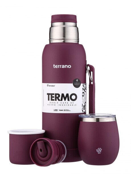 Kit Termo 1LT Con Base De Silicona + Mate De Acero Con Tapa Uva