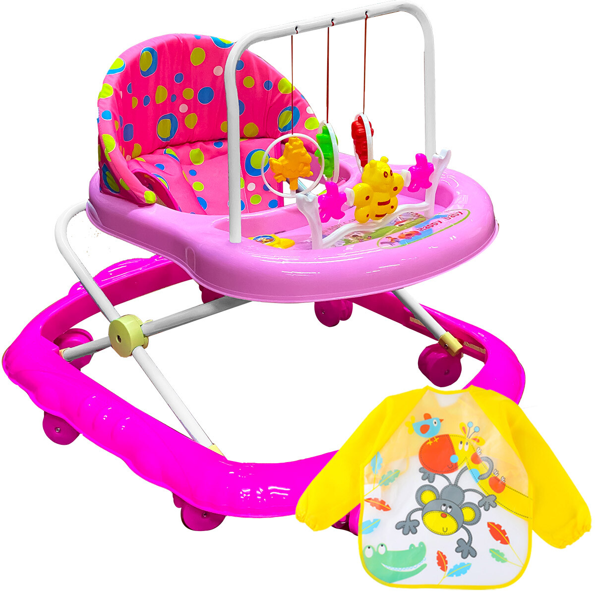Andador Caminador Plegable P/ Bebé Didáctico + Babero - Rosa 