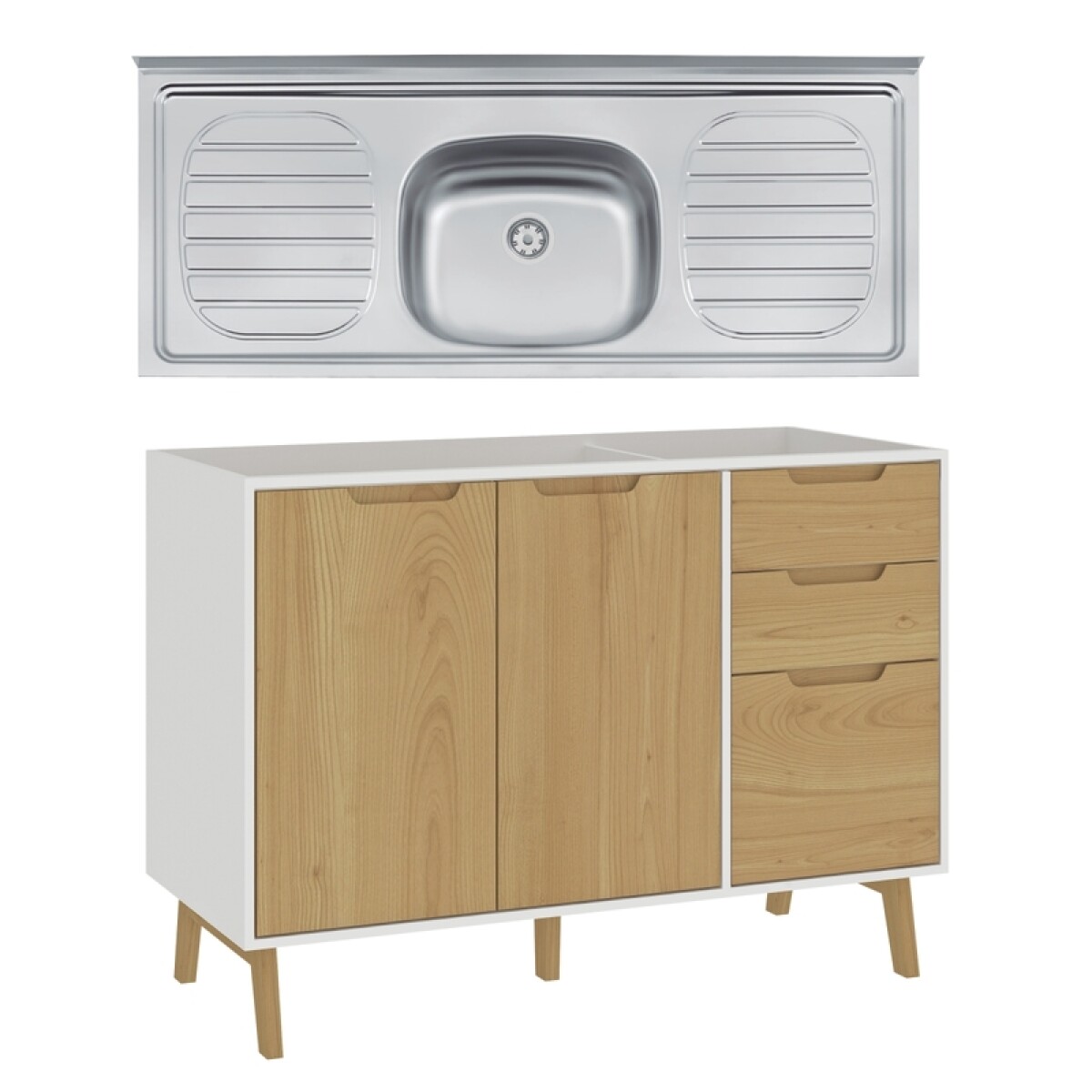 Kit de Cocina Bajo Mesada Melilla Blanco con 3 Puertas de Madera y 2 Cajones y Pileta Tramontina Central 