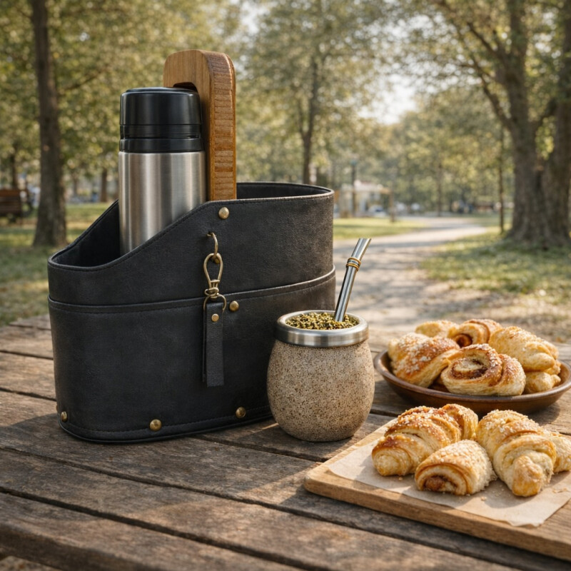 Matera Simil Cuero Porta Termo y Mate Azul Marino
