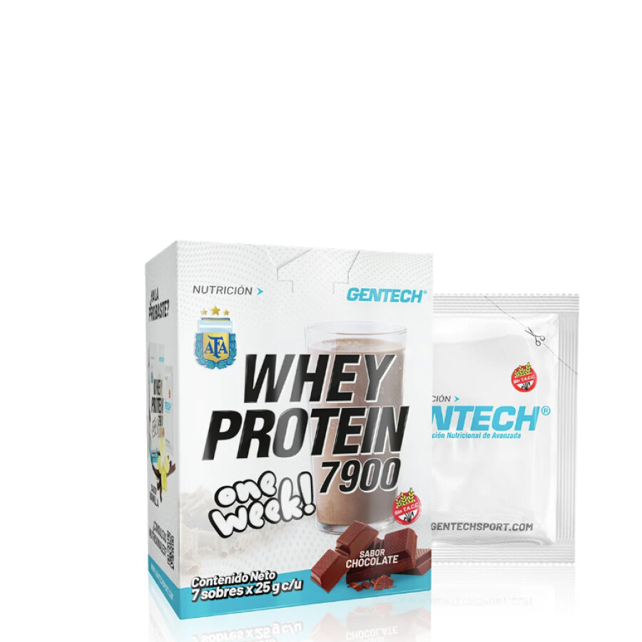 Suplemento Gentech One Week Whey Protein 7900 caja x 7 sobres - Sabor chocolate Marrón Chocolate