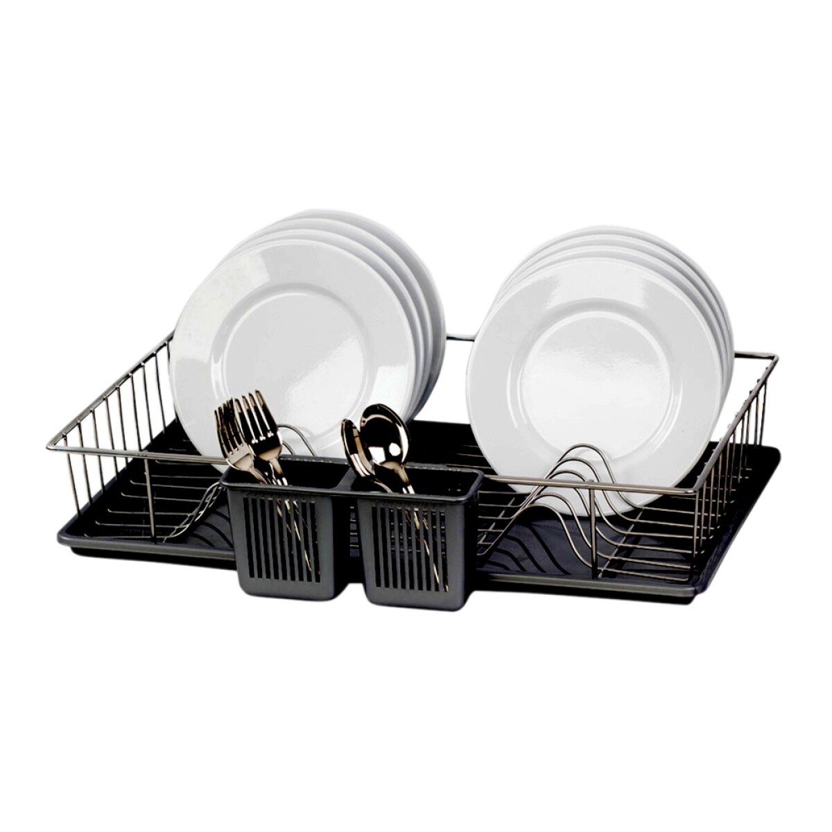 Escurridor de Vajilla con Bandeja para Mesada con Cubiertero - Negro/plateado 