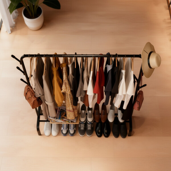 Perchero Para Ropa Con Perchas Ganchos Armario de Metal con Estante Zapatero Imback Color Negro Perchero Para Ropa Con Perchas Ganchos Armario de Metal con Estante Zapatero Imback Color Negro