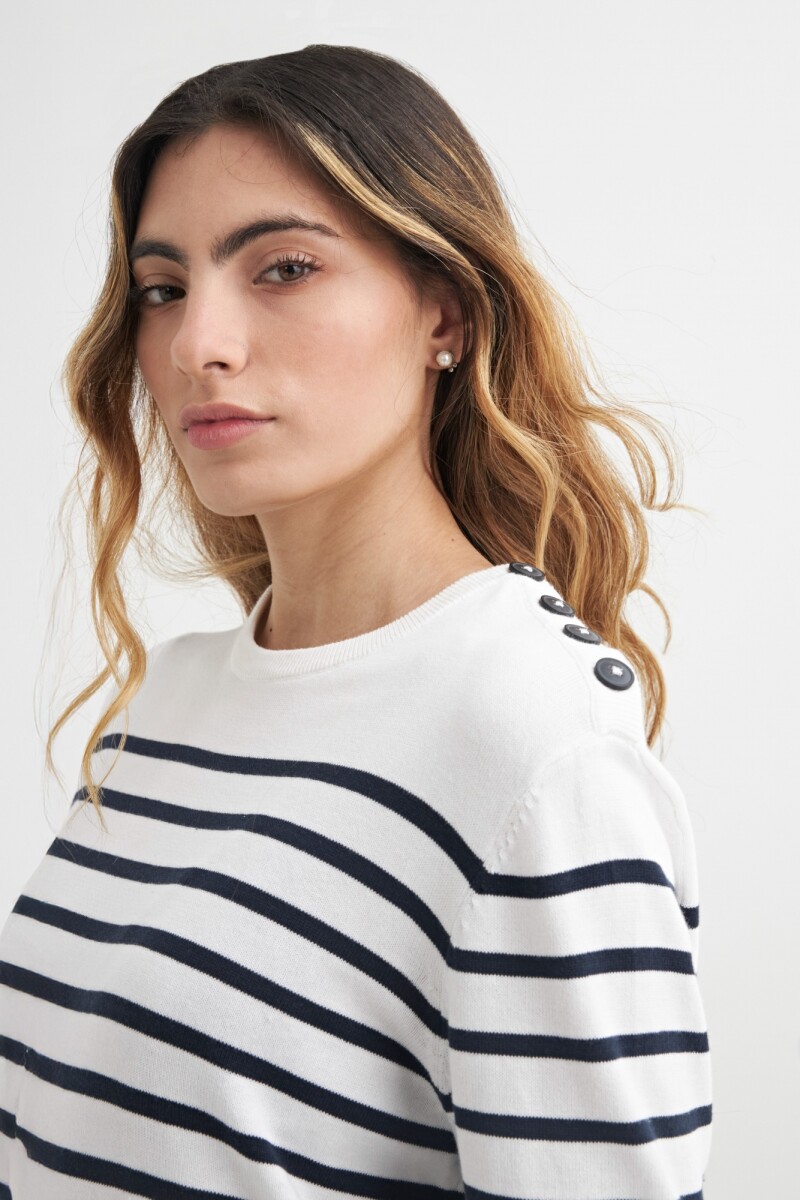 Sweater a rayas con botones en hombro BLANCO