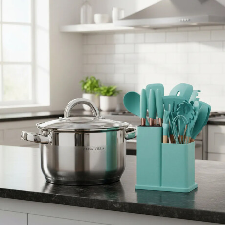 Set Cocina Utensilios 19Pzs + Olla Acero Inoxi 26cm 7,9L Turquesa