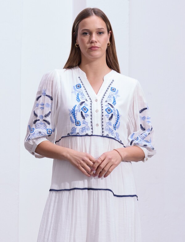 Vestido Det Bordado BLANCO/AZUL