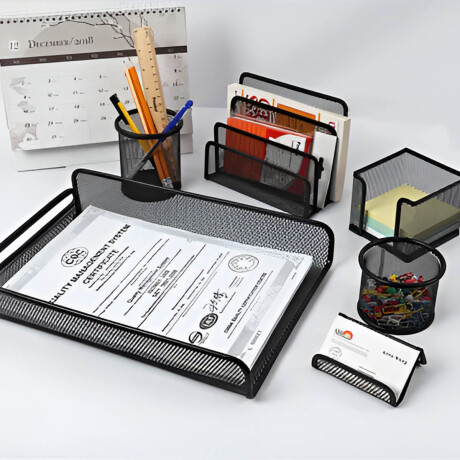 Set Escritorio X6 Pzs Portalápices Organizador Metal Negro