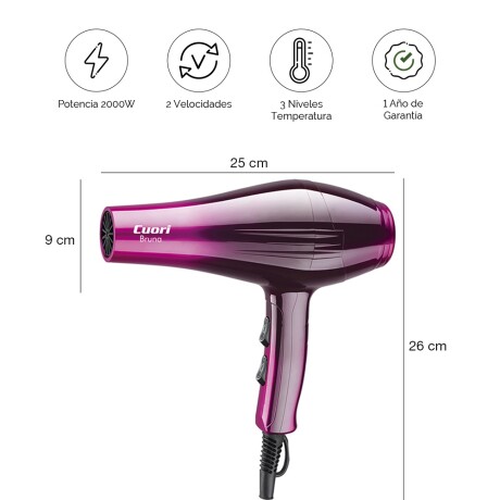 Secador de Pelo Profesional 2 Vel y 3 Temp 2000W Cuori Bruna Lila