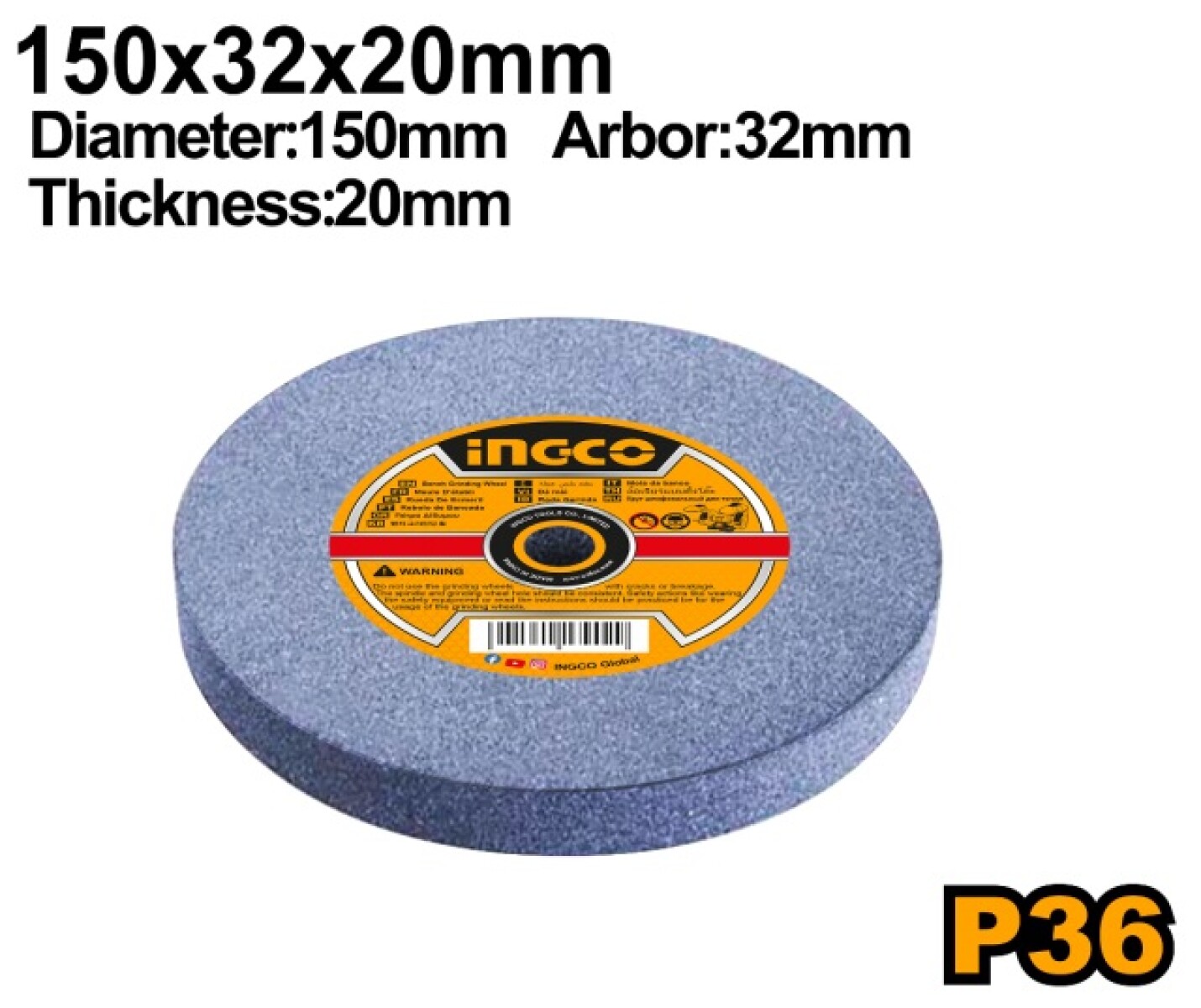 PIEDRA AMOLADORA DE BANCO 150X32X20MM GRANO 36 AGW1506029 INGCO 