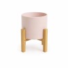 MACETA CERÁMICA M CON SOPORTE DE MADERA ROSA