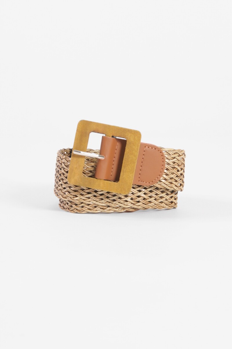 Cinturón rafia hebilla madera cuadrada beige