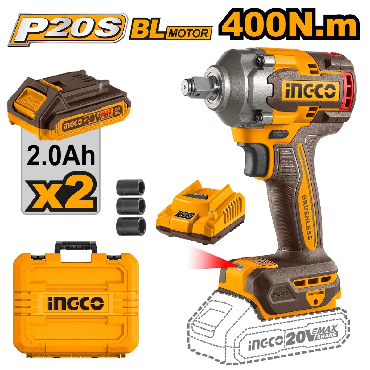 LLAVE DE IMPACTO A BATERIA 400NM 20V P20S BL CON 2 BAT CARG 