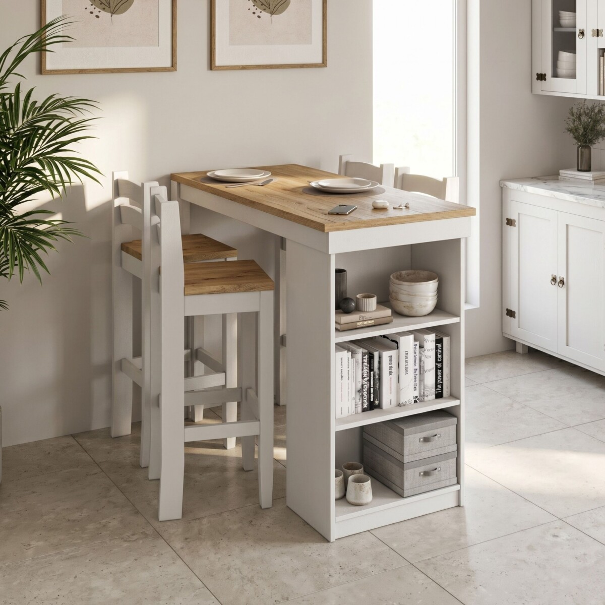 Desayunador 4 Bancos Cocina Comedor Madera Blanco 