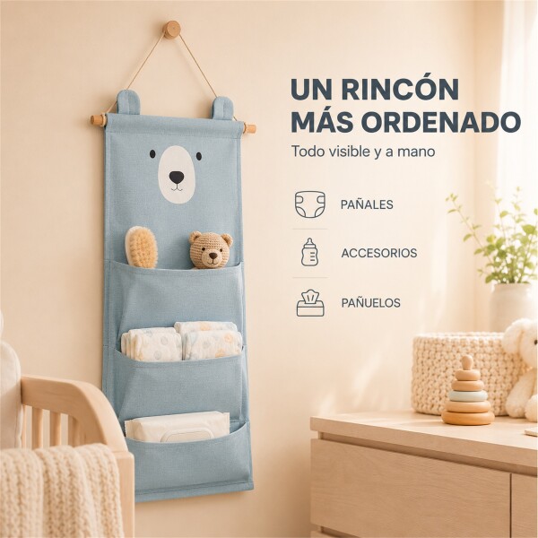 Organizador Colgante Osito Con 3 Bolsillos Para Bebé 60x20cm Azul